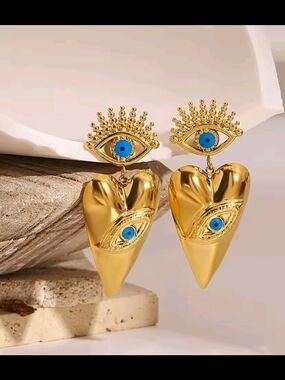 Gold Heart & Eye Drop Earrings with Blue Accents